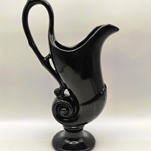 Black Art Pottery Vase with Scroll Handle – 10” USA Marked Ewer-Style Ceramic Pitcher