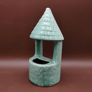 Vintage Ceramic Wall Pocket • Celadon Green Wishing Well Planter • 1950s Mid Century