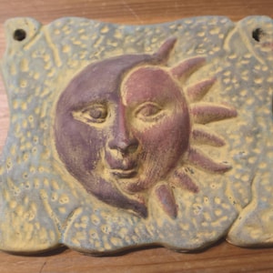 Vintage ceramic sun and moon wall plaque 9x7 inch celestial face art yellow purple rustic boho decor southwestern folk art wall hanging