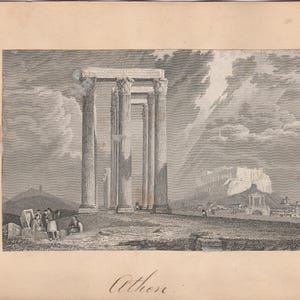 Antique Engraving – Temple of Olympian Zeus, Athens – 19th Century Print