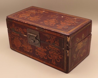 Antique Chinese Lacquer Box | Hand-Painted Folk Art Decor