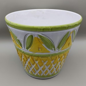 Italian Hand-Painted Ceramic Planter – Yellow & Green Relief Fruit Design – 8” Pot – Made in Italy