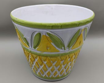 Italian Hand-Painted Ceramic Planter – Yellow & Green Relief Fruit Design – 8” Pot – Made in Italy