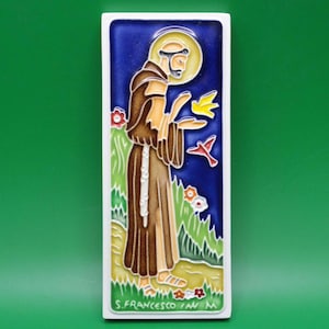 Hand-Painted Saint Francis Ceramic Tile – Bassano Italy Maiolica Relief Art