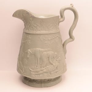 Jones & Walley Parian Ware Pitcher: 1841 Good Samaritan Relief Mid-Size Sage Jug