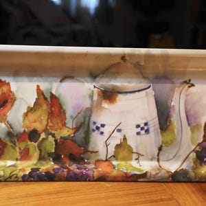 Delta Group Design Italy Melamine Tray 15×6.5″ – Watercolor Grapes & Teapot – Autumn Vineyard Vintage Home Decor