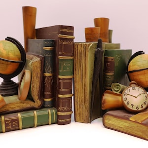 Vintage Library Bookends | Old World Globe & Scrolls | Antique Style Decor for Office, Bookshelf, or Study | Classic Academic Vibe