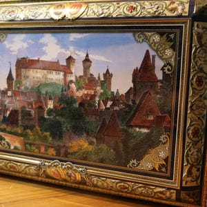 Extra Large Vintage German Cookie Tin – Lebkuchen Schmidt – Ornate Nuremberg Panorama Collector’s Tin – Cherubs, Castles & Classic Charm
