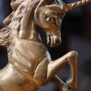 Vintage Brass Unicorn Statue – Rearing Mythical Horse Figurine – Heavy Brass Fantasy Decor – 7” Tall Magical Creature Art
