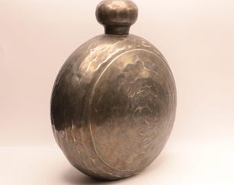 Hammered Brass Moon Flask: Vintage Heavy Metal Canteen | Round Mid Century Liquor Bottle