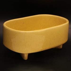 May include: A yellow ceramic planter with a speckled finish. The rectangular planter has rounded corners and sits on three small, rounded feet. The interior is smooth, and the exterior has a textured appearance. The planter is set against a black background.