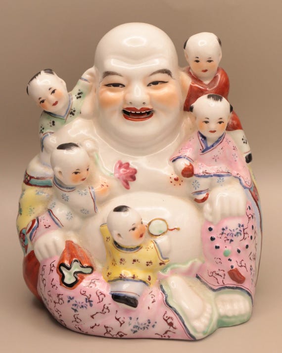 Famille Rose Laughing Buddha Figurine With Children Chinese