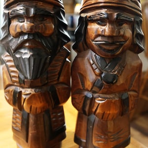 Vintage Ainu Wooden Statues – 12” Hand-Carved Japanese Indigenous Folk Art Pair, 1960s–70s, PRISTINE
