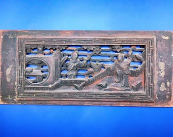 Antique Qing Dynasty Hand-Carved Wood Panel - Chinese Folk Art Decor