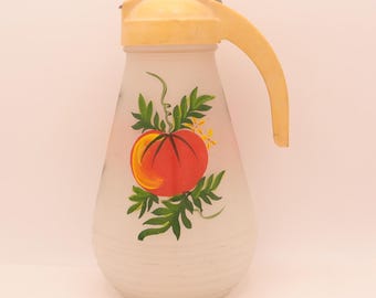 Hazel Atlas Juice Pitcher – Frosted Glass with Oranges – Vintage Kitschy Retro Country Kitchenware