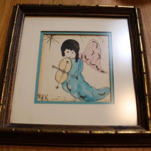 Vintage Watercolor Angel Painting – Signed MPK – Framed & Double Matted – 6x6