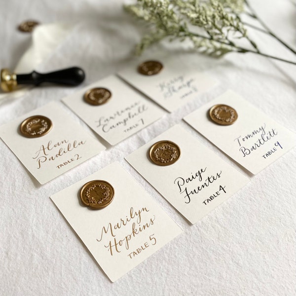 Calligraphy Custom Place Cards, Wedding Place Cards, Escort Cards, Seating Cards, Custom Wax Seal Place Cards