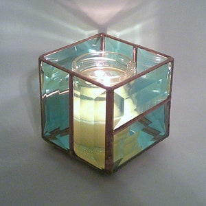 Stained Glass Candle Holder with Alternating Bevels - 3x3x3 - Multiple Colors - includes free handmade overfilled candle (choose scent)