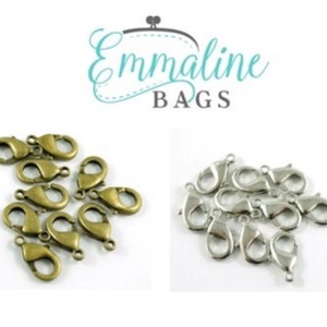 May include: A set of 10 silver and 10 antique brass lobster clasps and 15 silver jump rings. The clasps are used for attaching straps or chains to bags or other projects.