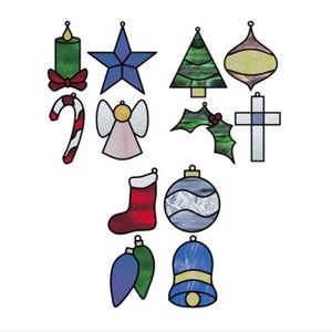 Stained Glass Pattern - 12 Simple Christmas Ornaments - average size 3&quot; to 4-1/2&quot; - pdf download