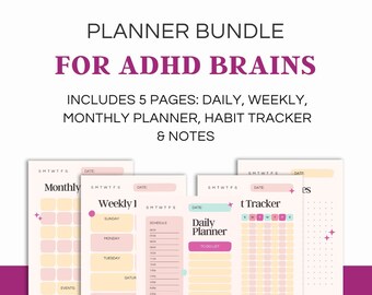 Pode incluir: Um conjunto de planejadores para cérebros com TDAH, incluindo cinco páginas: um planejador diário, um planejador semanal, um planejador mensal, um rastreador de hábitos e oito notas. As páginas são projetadas com um esquema de cores rosa e amarelo e apresentam uma variedade de ferramentas de organização, incluindo listas de tarefas, horários e lembretes.