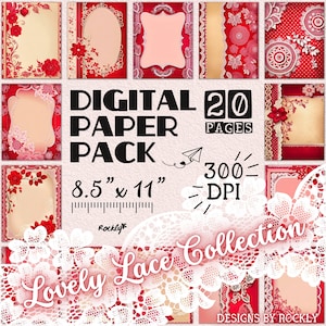 Lovely Lace 3D Valentine’s Day Scrapbook Paper Bundle, Romantic Red Embroidery Flowers Clipart, 300 dpi JPG Files, 8.5x11, commercial use
