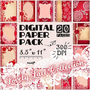 Lot de papiers scrapbooking Saint-Valentin 3D belle dentelle, clipart fleurs broderie rouge romantique, fichiers JPG 300 dpi, 8,5 x 11, usage commercial