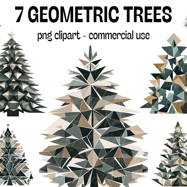 Bundle of 7 Christmas Trees with Geometric Design - Clipart Set for DIY Abstract Christmas Cards