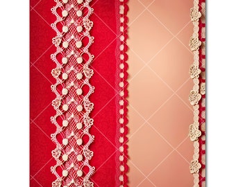 Lovely Lace 3D Valentine’s Day Scrapbook Paper with Romantic Red Embroidery Flowers Clipart Jpg size 8.5x11 inch or US Standard Letter Size