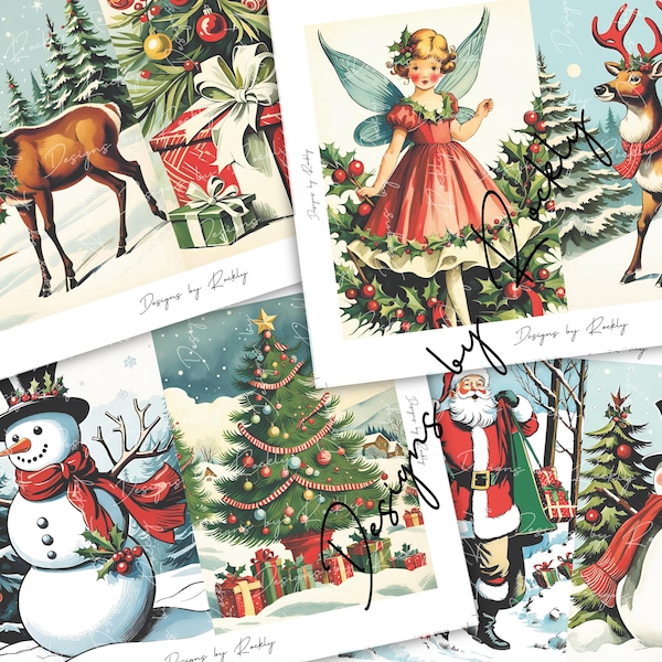 4 Printable Sheets, Foldable Vintage Christmas Paper, Nostalgic Christmas Cards, Journaling Pages, Scrapbook Supplies, DIY Postcards, 8.5x11