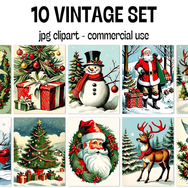 10x Vintage Christmas Designs, Digital Christmas Postcards, Antique Retro Traditional Digital Paper Card Bundle Set Decor