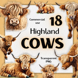 Highland Cow Bundle, 18x Png File, Baby Cow Print, Cute Cow s, Highland Kettle, Scottish Cow Breed, Commercial Use, Instant Download