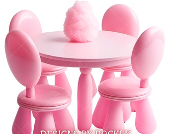 3D PNG Clipart, Cotton Candy Doll Dining Table and Chairs, 12x12, Transparent Background, Transfer Sublimation File, 300 Dpi, Commercial Use
