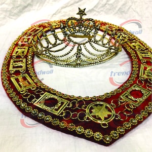 Amaranth Freemason Chain Collar & Crown Best Packag Gold Tone Crown and Red Backing Decorate with Rhinestone Beautiful Style