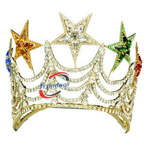 Couronne maçonnique de grande matrone 5 étoiles OES dorée avec ajustement réglable en strass.