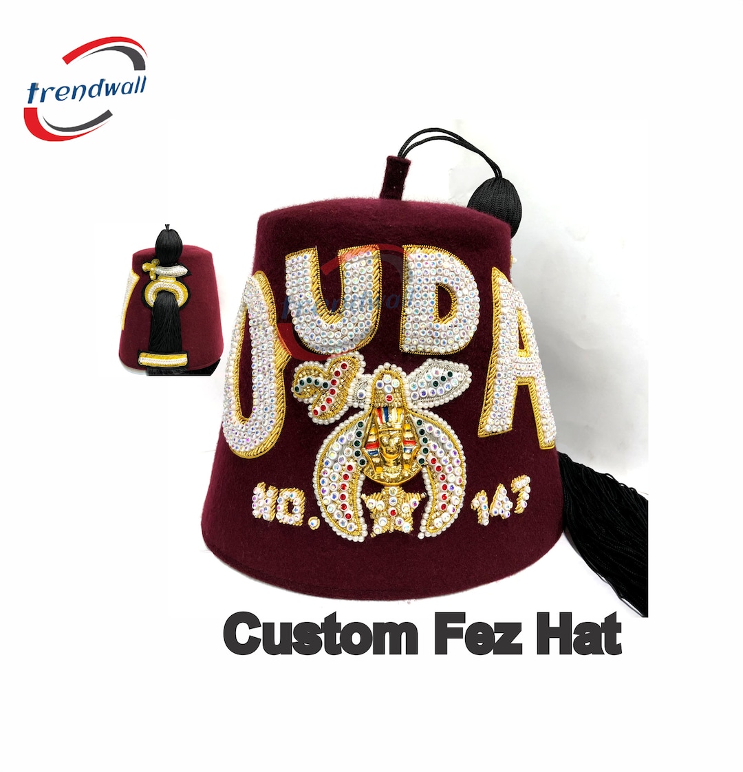 Masonic Shriner Fez Hat Burgundy Color Four Line Rhinestone Hand Embroidery With Black Tassel
