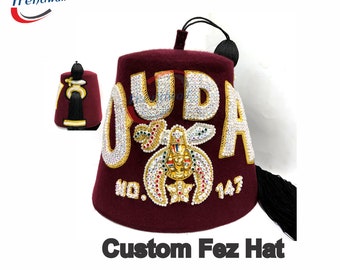 Freimaurer Shriner Fez Hut Burgund Farbe vier Linie Strass Handstickerei mit schwarzer Quaste mit Shriner Emblem Style Quaste Halter.