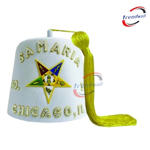 Masonic Order Of Eastern Star Fez with Star and Custom Name with White Cup Rhinestone Lettering (Custom Tassel White/Black/Gold)