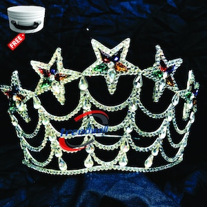 Couronne maçonnique OES de grande matrone 5 étoiles, ton argent, décorée de pierre du Rhin, beau style, raccord réglable en bas