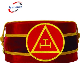 Royal Arch Chapter Mason Crown Cap - Red Satin With Embroidered Triple Tau Patch