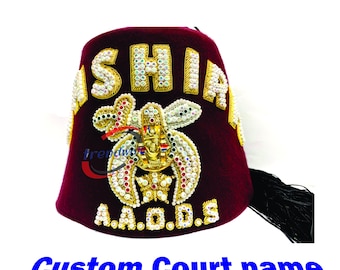 Fez Shriner, Freimaurer Shriner Fez Hand bestickt mit Strass Burgunder Farbe Beste Qualität Stoff Machen Sie einen benutzerdefinierten Hüttennamen