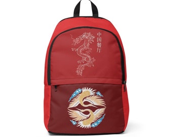 Unique Dragon and Stork Red Unisex Fabric Backpack