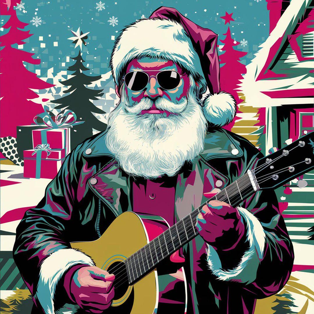 Rock 'n' Roll Santa Poster Retro Christmas Wall Art Guitar Playing ...