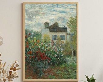 Pintura vintage del jardín de rosas / Pintura vintage del jardín de la cabaña / Decoración de la pared del arte de la cabaña / Descarga digital / Arte imprimible / Arte de la pared vertical