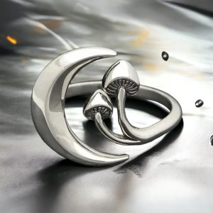 Mushroom and Moon Adjustable Bohemian Silver Ring