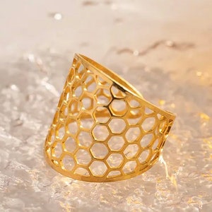 18K Gold Plated Recycled Stainless Steel Honeycomb Shaped Bee Ring, Open adjustable design