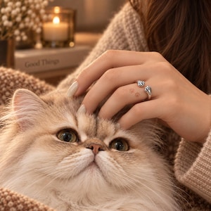 May include: A silver-toned open ring featuring two small cat paw prints at the ends. The ring is worn on a finger, with the paw design clearly visible. The metal has a polished finish, and the band is adjustable, showing a gap between the two paws.