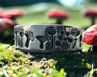 925 Sterling Silver Vintage Wild Mushrooms Lovers Silver Ring, Bohemian style, Rustic Engraved Detailed Ring