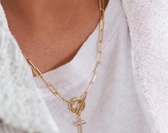 Vermeil minimalistische 925 sterlingzilveren 18k vergulde paperclipketting met kruis: