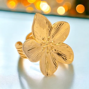 18K Gold plated Plumeria Flower Ring, Hawaiian Jewelry, Waterproof, Non Tarnish, Stainless Steel Adjustable Ring